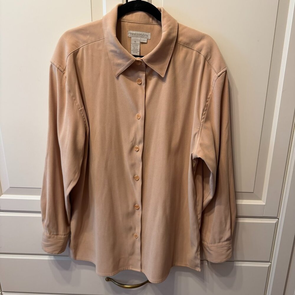 REAL‎ COMFORT Women's Tan Sueded Long-Sleeve Shirt Shacket Top (Size XL)